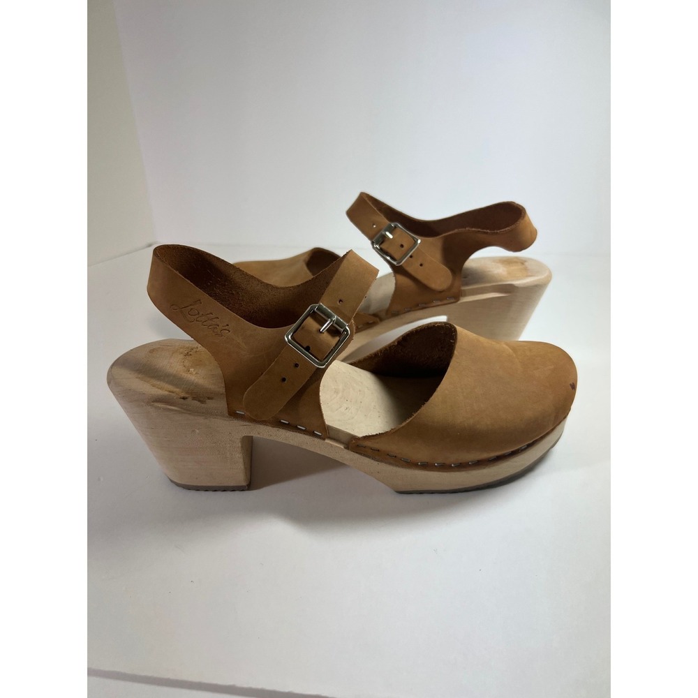 Lotta from Stockholm Tan Leather Swedish Clogs Wood Heel Sandals Womens 40